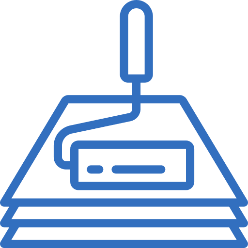 A blue line-art icon showing a paint roller with a small rectangle on it, positioned on top of three stacked triangular layers, set against a transparent background.