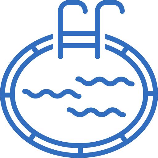 A blue line-art icon depicting a circular swimming pool with wavy lines for water and a ladder entering the pool, surrounded by a paved edge.