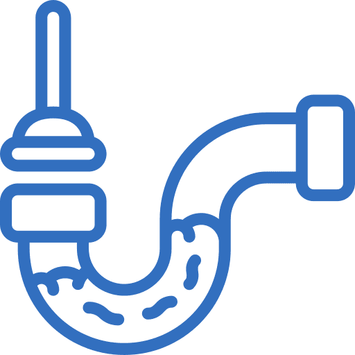 A blue line-art icon showing a P-trap plumbing pipe with water and debris inside, and a plunger inserted into the vertical section, set against a transparent background.