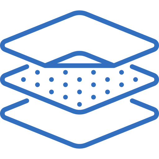 A blue line-art icon showing three stacked layers, with the middle layer containing a dense pattern of dots, suggesting a filtration system or multi-layered material.