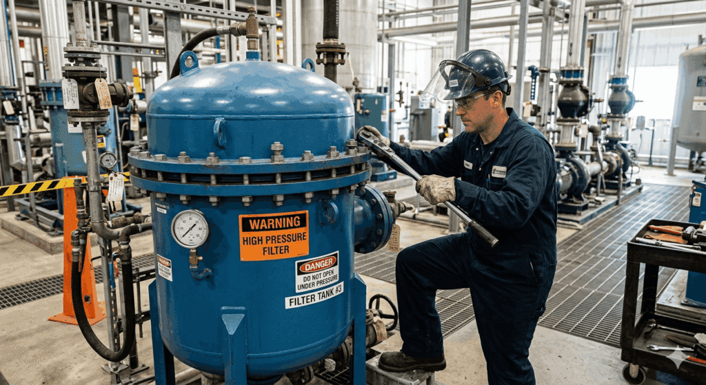 An industrial technician in blue coveralls and a face shield using a large torque wrench to tighten bolts on a blue high-pressure filter tank labeled