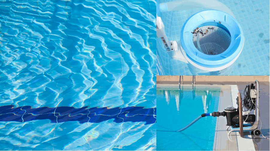 Professional swimming pool cleaning and filtration system maintenance service in Orlando, FL, featuring a clean pool skimmer and external pump equipment.