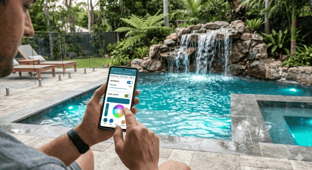 A person using a smartphone app to control backyard pool features, including LED lighting colors and waterfall flow rate, in front of a luxury pool with a rock waterfall feature.