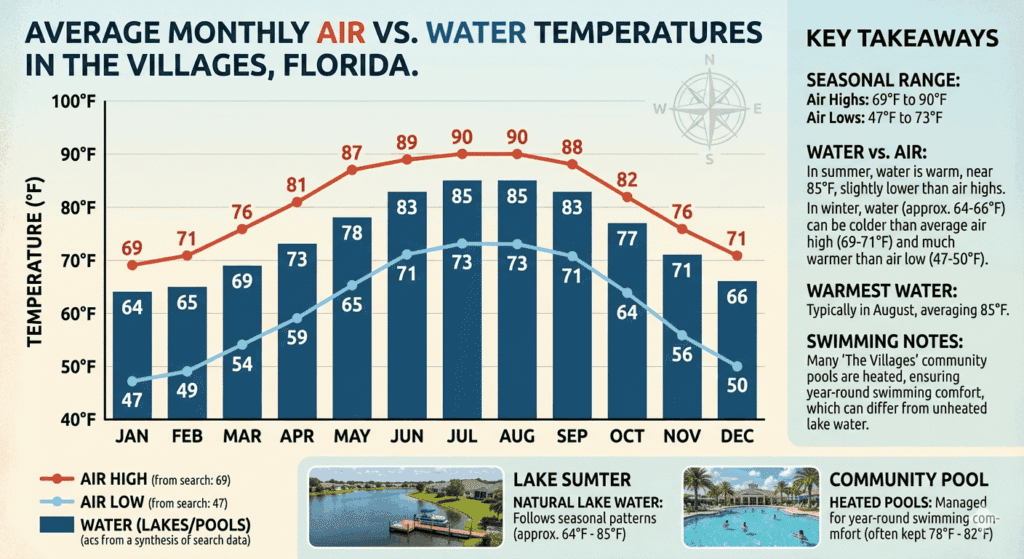 An infographic showing average monthly air and water temperatures in The Villages, Florida. The chart compares air highs (reaching 90°F), air lows, and water temperatures for lakes and pools throughout the year, featuring Lake Sumter and community pool photos.