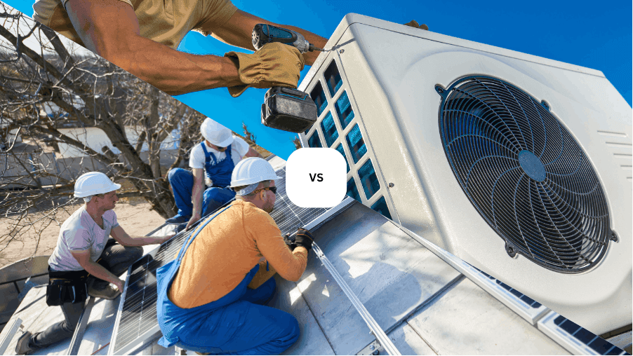 A split-screen comparison showing technicians installing residential solar panels and a professional performing an AC installation service in Ocala, FL.