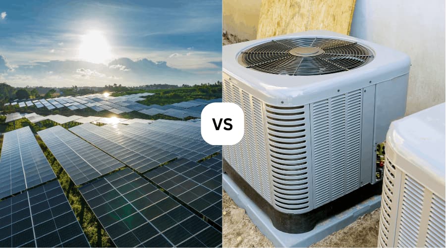 A side-by-side comparison of a large solar panel array and a modern outdoor AC condenser unit, highlighting solar-powered HVAC service in Orlando, Florida.