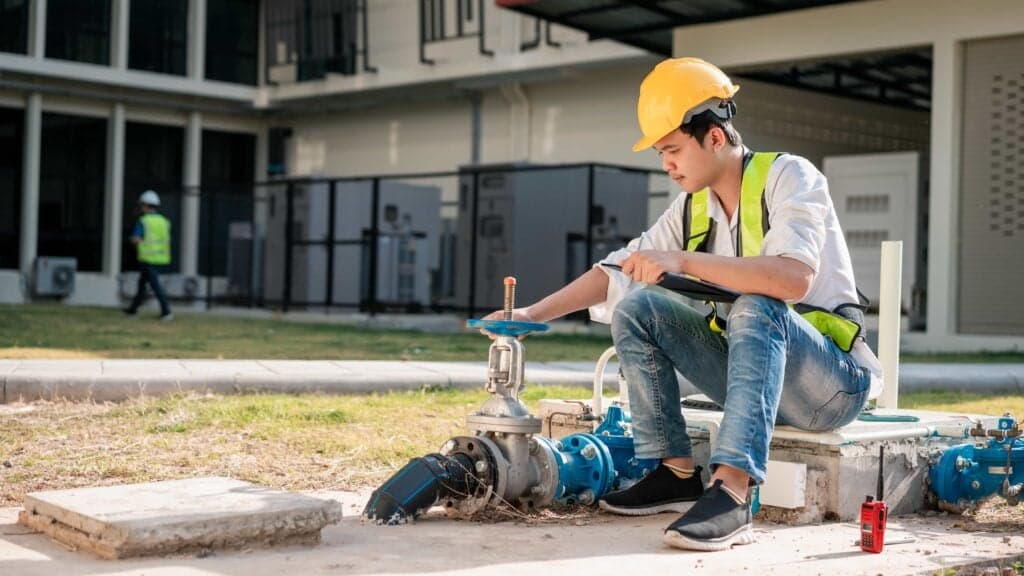 An engineer in a hard hat and safety vest adjusts an industrial valve at a facility site in Houston, TX, while documenting work on a clipboard.