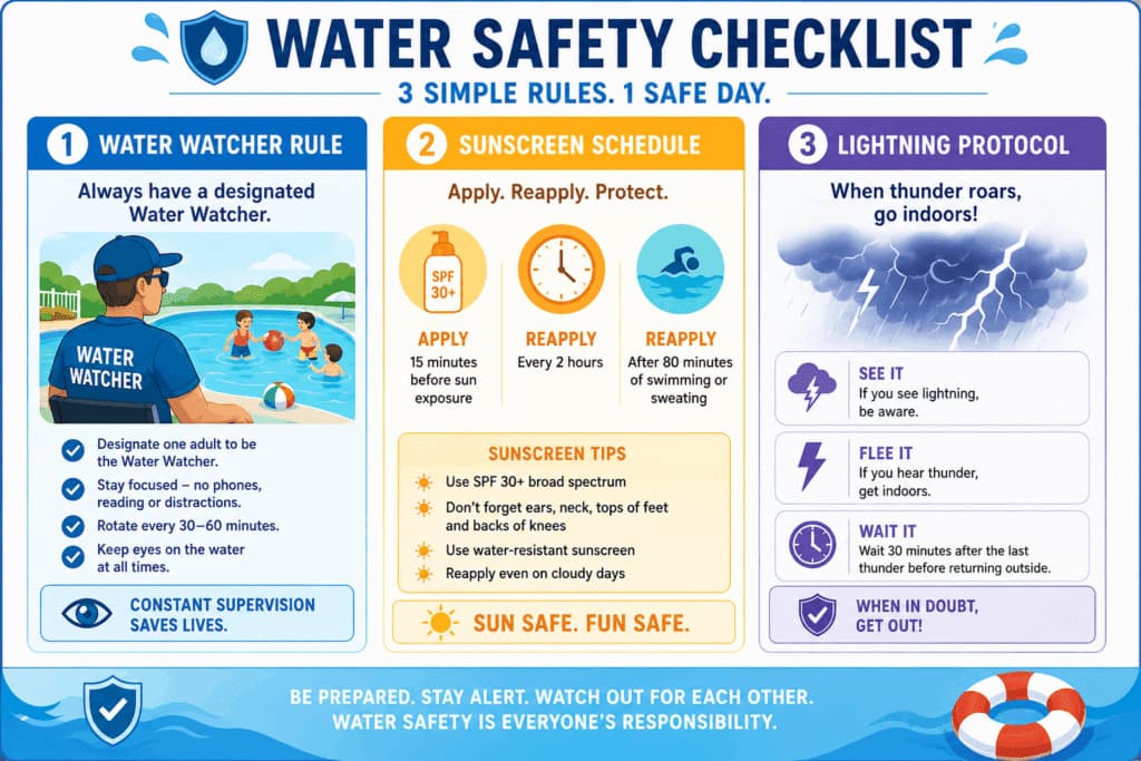 An educational water safety checklist infographic for Phoenix, AZ, outlining the water watcher rule, sunscreen schedules, and lightning protocols for pool safety.
