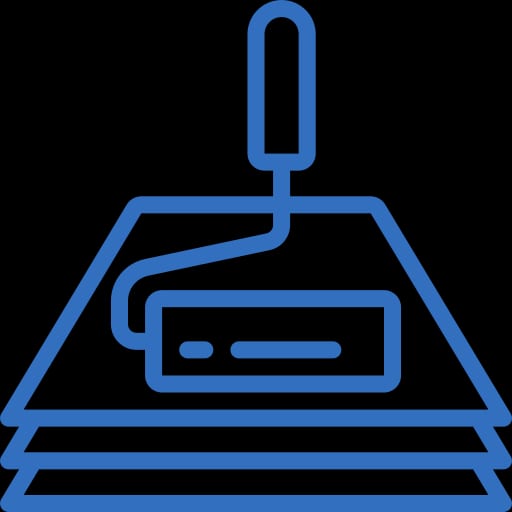 Hard Surface Deck Remodeling 4 A Blue Line-Art Icon Showing A Paint Roller With A Small Rectangle On It, Positioned On Top Of Three Stacked Triangular Layers, Set Against A Transparent Background.