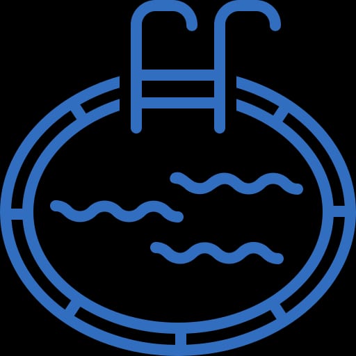 Hard Surface Deck Remodeling 2 A Blue Line-Art Icon Depicting A Circular Swimming Pool With Wavy Lines For Water And A Ladder Entering The Pool, Surrounded By A Paved Edge.