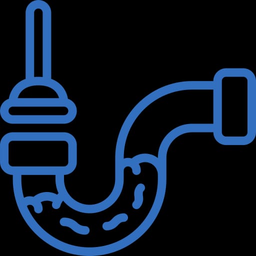 Hard Surface Deck Remodeling 6 A Blue Line-Art Icon Showing A P-Trap Plumbing Pipe With Water And Debris Inside, And A Plunger Inserted Into The Vertical Section, Set Against A Transparent Background.