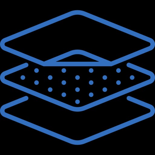 Hard Surface Deck Remodeling 5 A Blue Line-Art Icon Showing Three Stacked Layers, With The Middle Layer Containing A Dense Pattern Of Dots, Suggesting A Filtration System Or Multi-Layered Material.