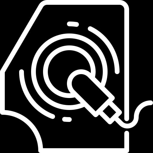 Pool Resurfacing Service 5 A White Line-Art Icon Showing A Microphone With A Curved Cord And Concentric Circles Suggesting Audio Waves, Set Against A Transparent Grey And White Checkerboard Background.
